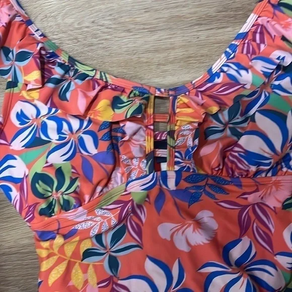 Caribbean Joe Ruffle Sleeve Adjustable Strap Coral Orange Floral Swimsuit 14 - Picture 5 of 9